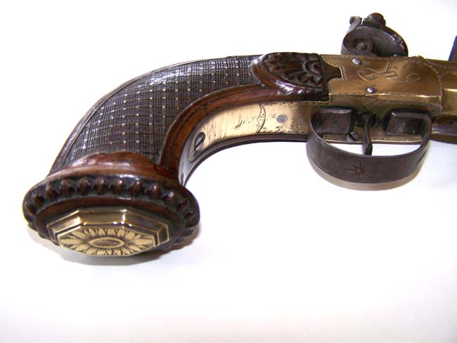 A Fine Cased Belgium made Flintlock Box-Lock Pistol with Spring Bayonet circa 1800 — image 5